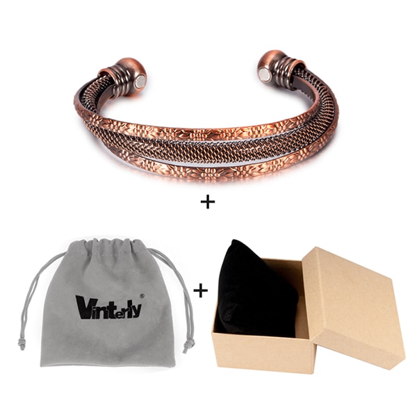 Vinterly torcido pulseira de cobre flores vintage energia magnética pulseira ajustável aberto manguito pulseiras presentes para mulher: bag box