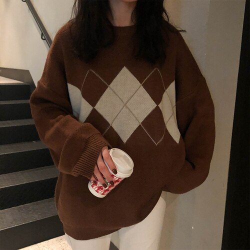 Gebreide Trui Vrouwen Argyle Oversize Truien Koreaanse Truien Dames Winter Losse Truien Vrouwelijke Casual Jumper Ropa De Mujer: Brown
