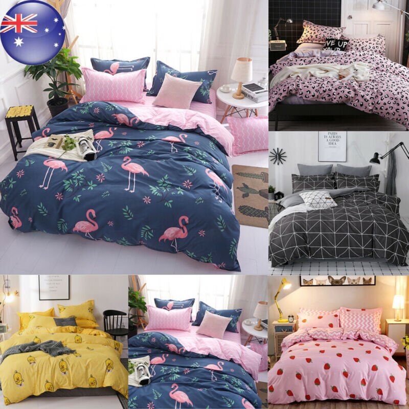 Modern Style 4pcs Flamingo Duvet Quilt Cover Pillowcases Bedding Set Single Double King Super