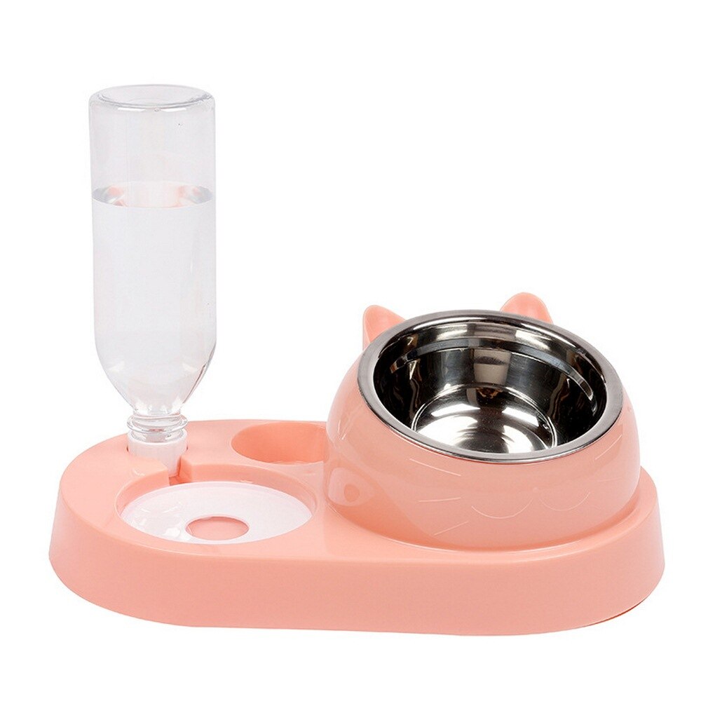 Cat Dog Bowl 15 Degrees Tilt Raised Pet Food Bowls 500ML Water Bottle Protect Pet's Spine, Drink and Food Bowls for Cat: Pink