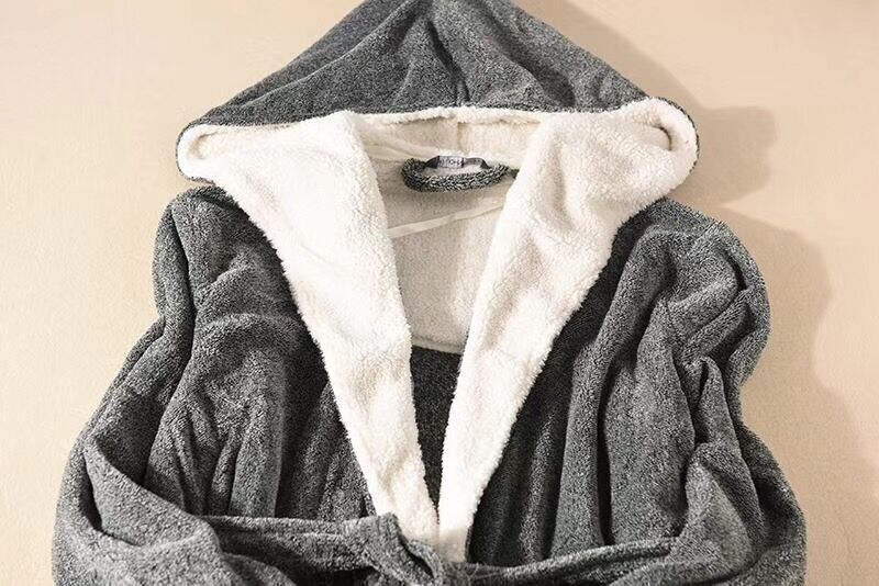 Gray Men's Sleep Robes Plus Size Polar Fleece Sleepcoat For Men Long Sleeve Thick Winter Night-robe