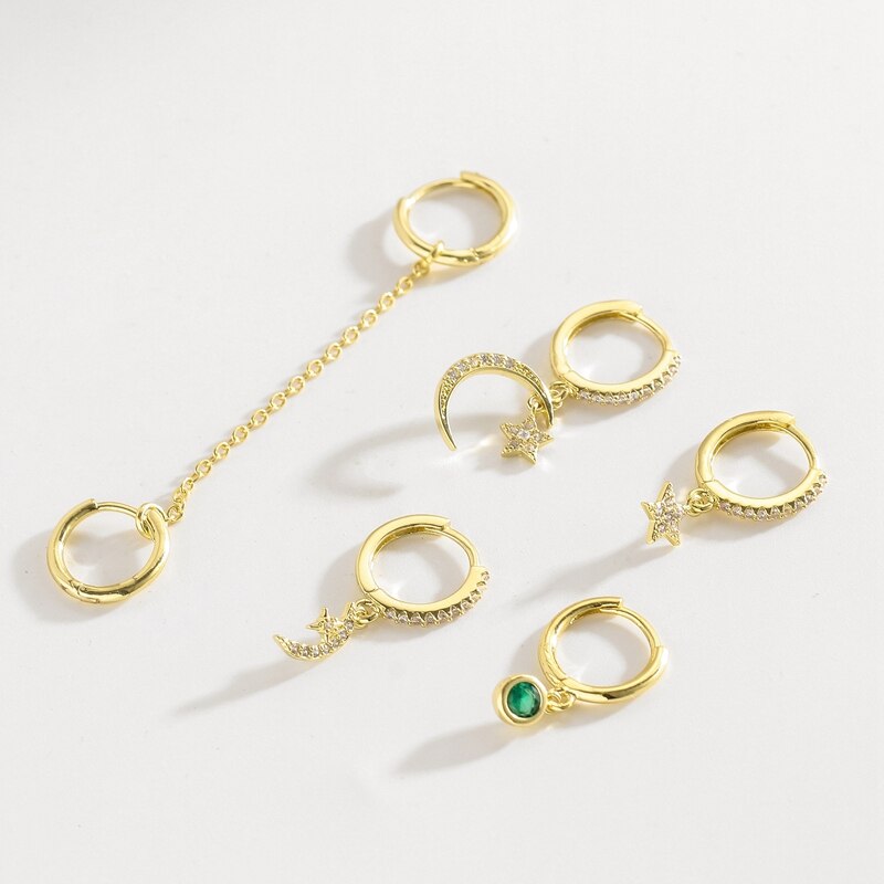 Juego de pendientes de aro de circonio cúbico a la para mujer, conjunto de pendientes de luna y estrella, joyería de boda , 6 uds.