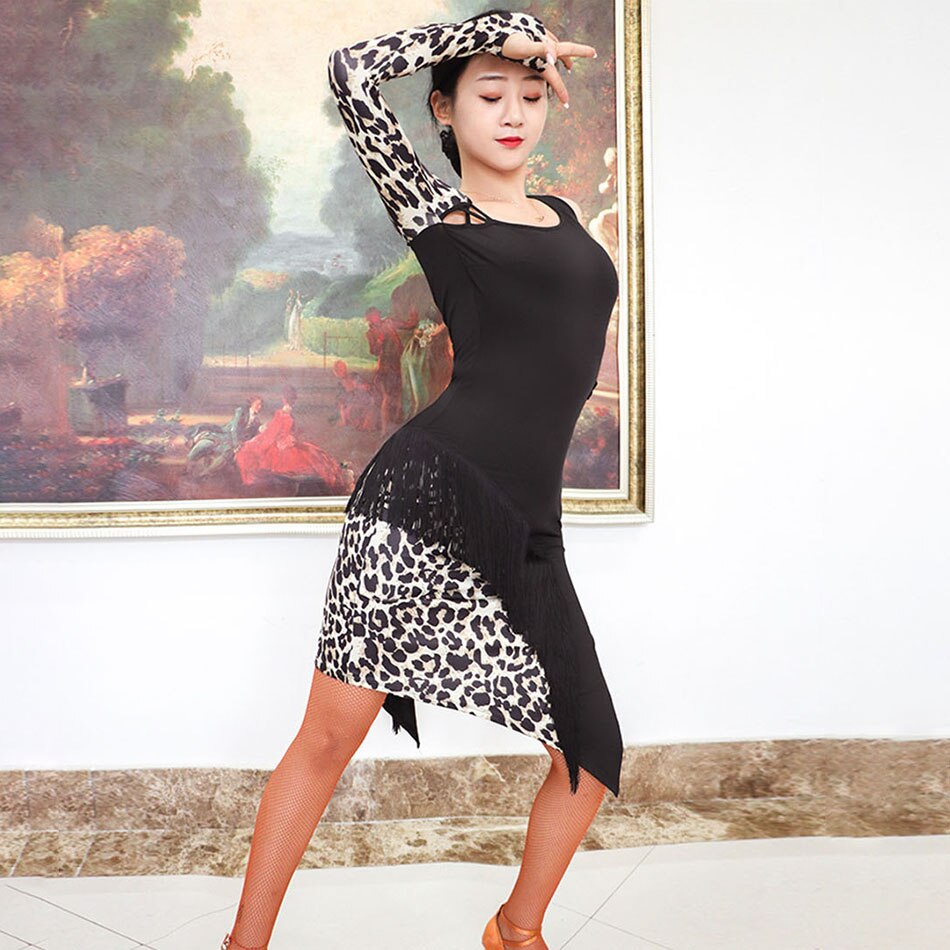 Leopard Patchwork Latin Dance Dress Women Tassel Finger Hole Long Sleeve Dancing Dress for Samba Tango Chacha Performamnce TL607