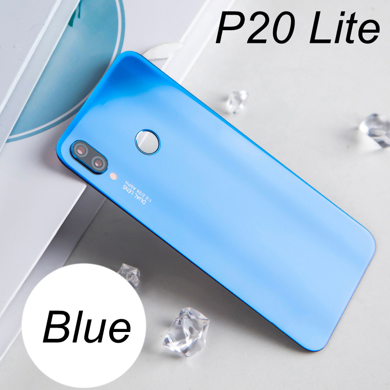 Back Glass Cover For Huawei P20 Pro Back Cover Battery Door Glass P20 Lite Rear Housing Panel Case With Camera Lens Replacement: P20 Lite-Blue