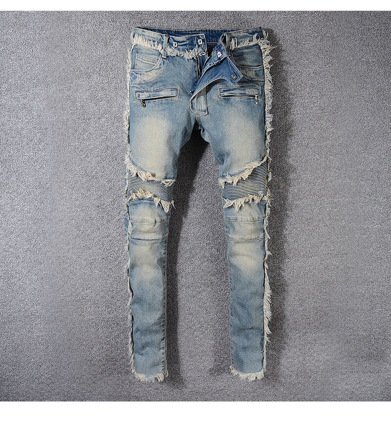 Herre vintage vasket denim frynser biker jeans for moto slim fit straight patchwork bukser for store og høye bukser
