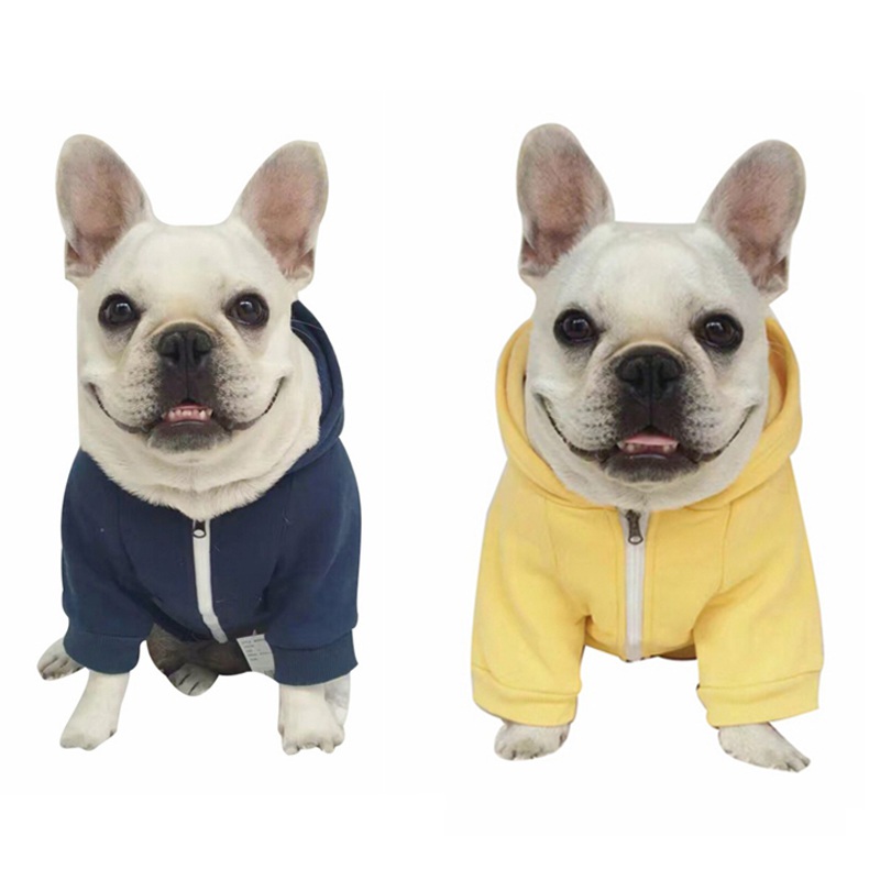 Enfärgad hund dragkedja tröja kappa mörkblå gul sällskapsdjur hund kläder huvtröja mjuk bomull hund kläder små stora storlekar blixtlås rock