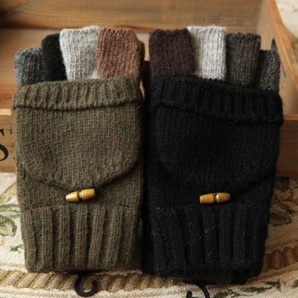 Mittens Stitching Color With Flip Top Knitted Men Gloves Outdoor Sports Cycling Warm Half Finger Winter Thickened Hiking