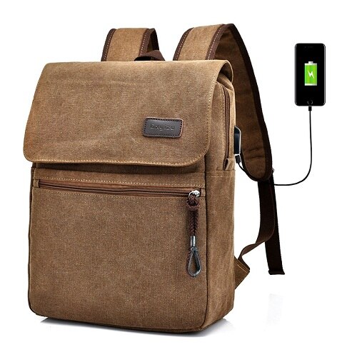 Mochila masculina de lona, mochila com carregador usb, mochila de viagem de grande capacidade para homens, mochila escolar masculina: Coffee