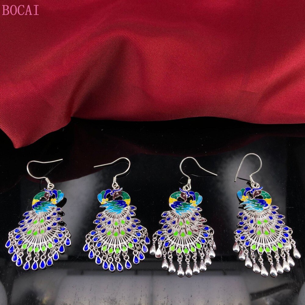 S990 reinem silber Cloisonné pfau Phönix ohr tropfen ohrbüGel reine Hand gebürstet nationalen ohrringe für frauen