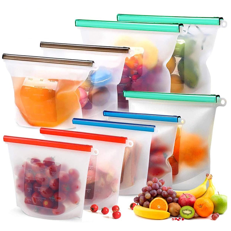 Reusable Food Storage Bags BPA Free 4-Pack Zip lock Silicone Food Bag Set Freezer & Microwave Safe Washable Zip Lunch Baggies