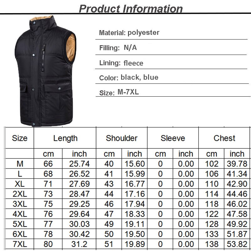 Gilet en molleton pour homme, veste sans manches, couleur unie, noir, , grande taille 7XL, Gilet épais, automne et hiver décontracté