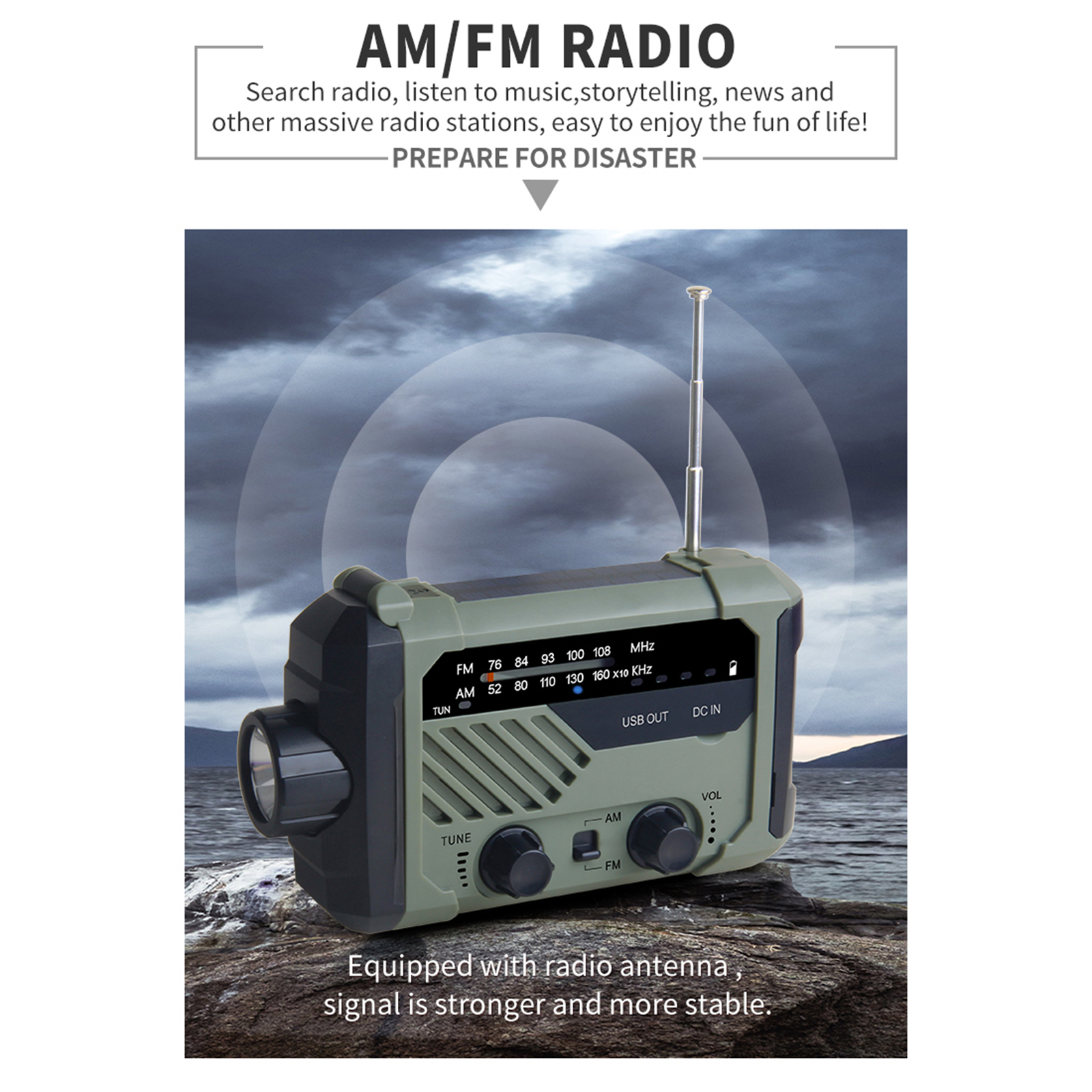 Portable Radio Hand Crank AM FM NOAA Emergency 3-in-1 Reading Lamp Flashlight Solar Charging 2000mAh Power Bank for Cell Phone