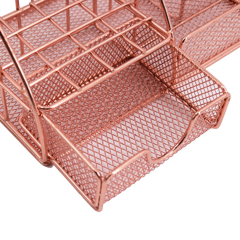 Rose Gold Desktop Storage Box Desk Magazine Rack with Pen Holder, Handmade Metal File Office Organizer Paper Tray Drawer Stor