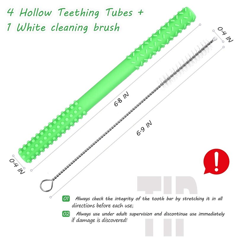 Flexible Hollow Teething Tubes(4Pack-6.8Inch), Soft Silicone Teething Toys for Babies Infants 0-12 Months Old