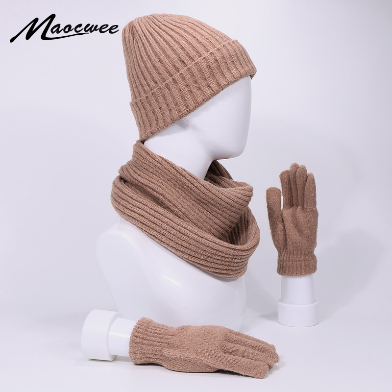 Set van 3 stuks skullies muts, sjaal en handschoenen voor mannen en vrouwen, winter, buiten, warme dikke mutsen, muts met voering, ring, sjaals, handschoenen met lange vingers, zachte hals, bivakmuts, muts, muts