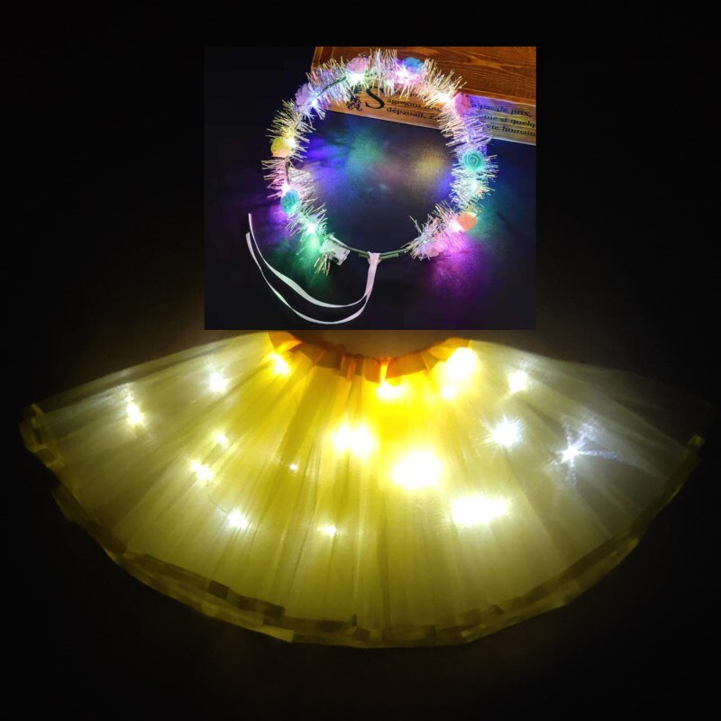Light LED Girl Kids Clothes Tutu Skirt Princess Party Tutus Child Ballet Dance Christmas sky blue With garland: Yellow