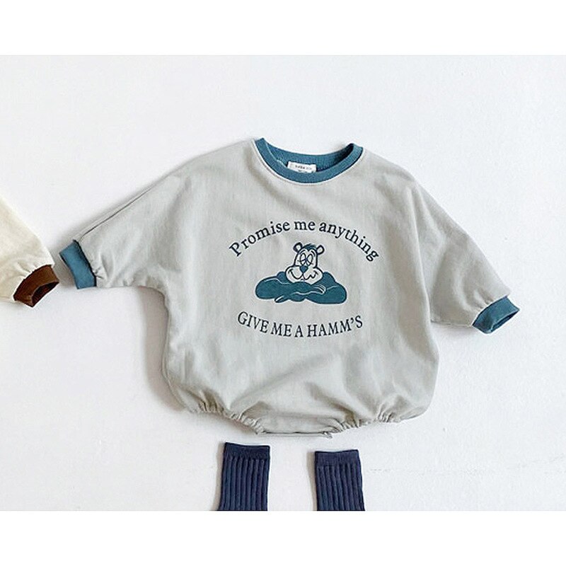 5355 Koreaanse Kinderen Romper Herfst Jongens En Meisjes Baby Zachte Cartoon Crew Hals Een Stuk Creeper: Grey Blue / 73cm