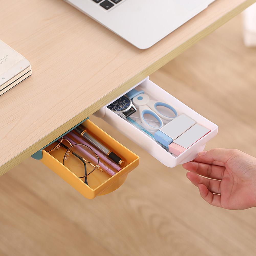 1PC Drawer Storage Box Paste Style Office Stationery Kitchen Makeup Organizer Desk Storage Drawer Under Self-adhesive F6Q9