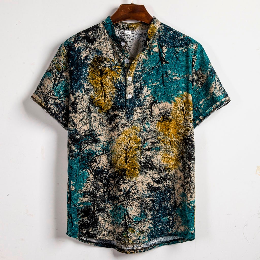 Mens Ethnic Short Sleeve Casual Cotton Linen Printing Hawaiian Shirt Blouse Men Shirts Loose Plus Size Tops