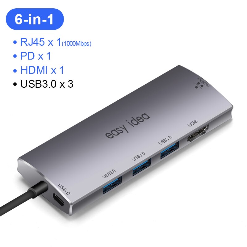 Usb C Hub Type C Hub Adapter Multi Usb 3.0 Splitter USB-C Hub Hdmi Vga Poort Meerdere Usb 3.1 Hab expander Voor Macbook Pro: 6 in 1 RJ45 model
