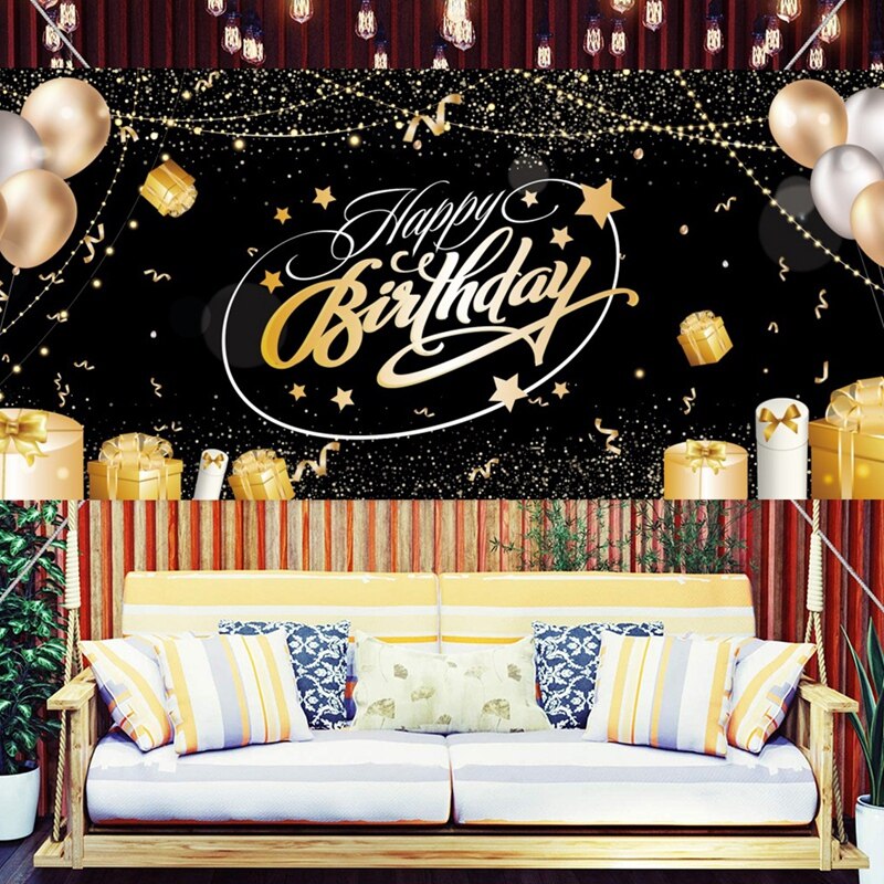 Black Gold Happy Birthday Backdrop Birthday Party Grandado