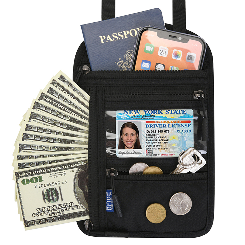 Sac de rangement pour documents de voyage, porte-passeport RFID ID, organisateur de cartes de crédit, bandoulière réglable, sangle de cou à utiliser pour unisexe