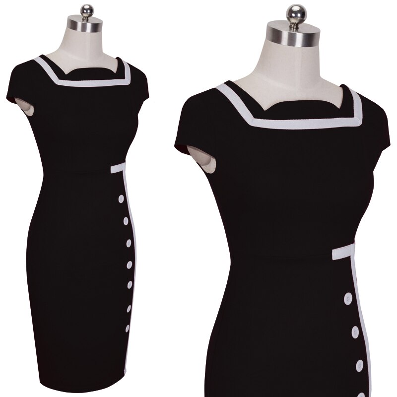 Nice-forever sort og hvid patchwork kontorkjoler business party bodycon skede kvinder kjole bty 742