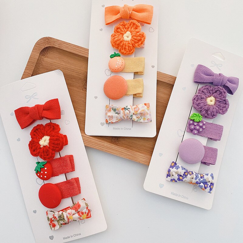 5 pçs bonito arco flor doce crianças hairpins kint woolen artesanal barrettes clipe de cabelo arcos para o bebê conjunto menina