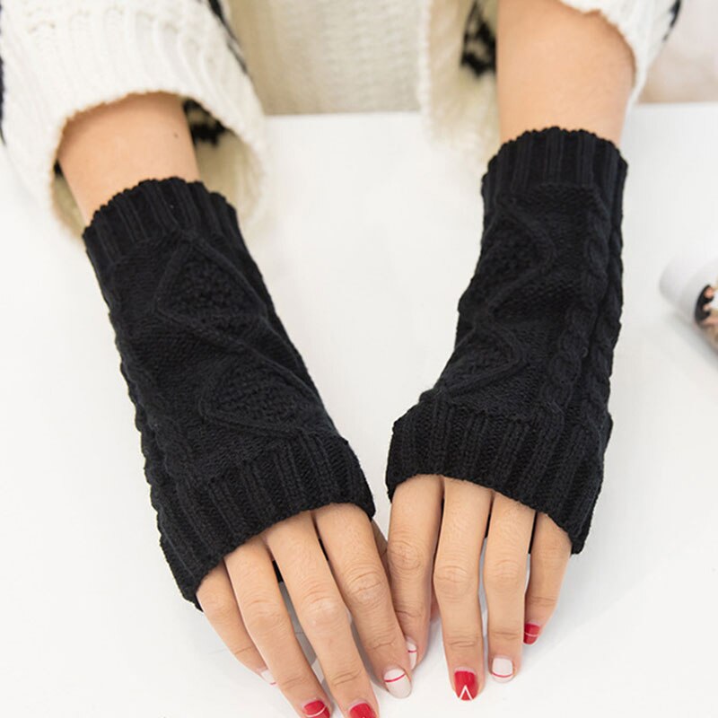 Solide vinterhandsker kvinder strikkede fingerløse damerhandsker armvarmer vanter handsker vinter varm håndled uld rød sort grå handsker: Sort