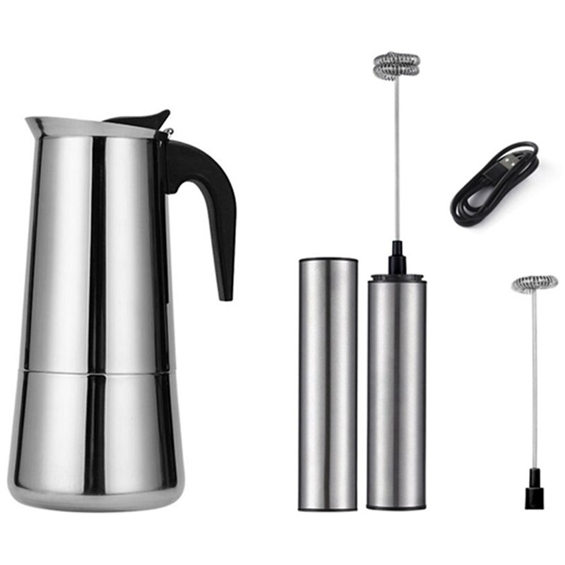 1 x oplaadbare roestvrijstalen melkopschuimer met usb-aansluiting en 1 x roestvrijstalen koffiepot met mokka-espresso-latte-percolator