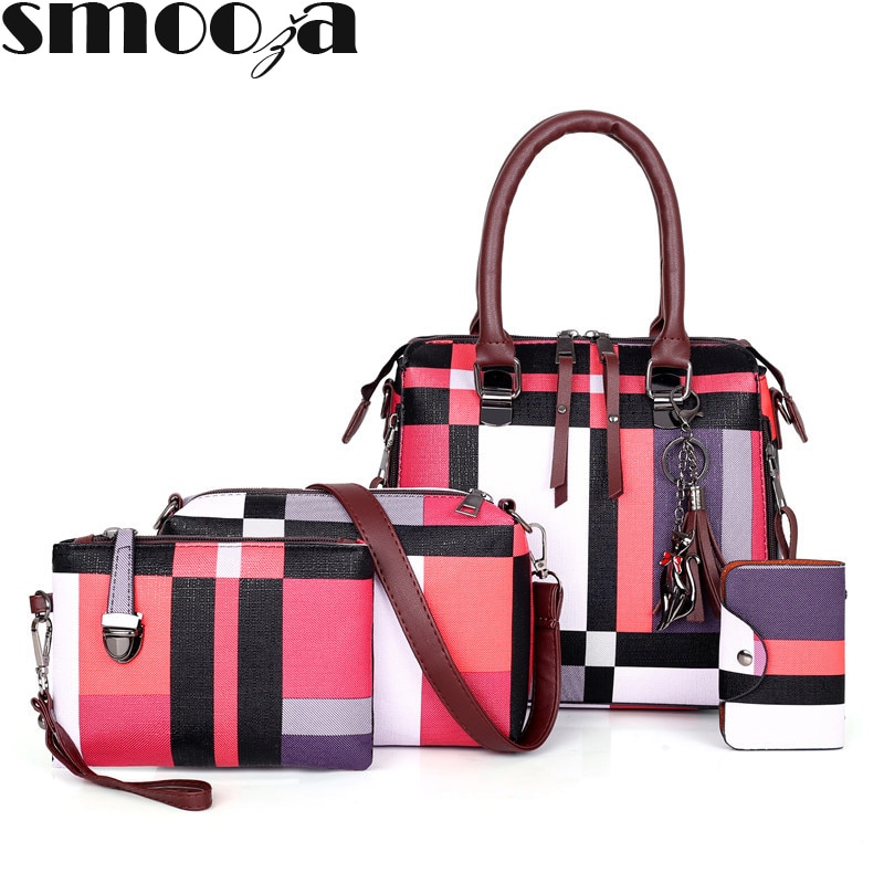 SMOOZA 4-Piece Plaid Handbag Set for Women - Luxury Shoulder Bags with Tassel & Zipper Closure