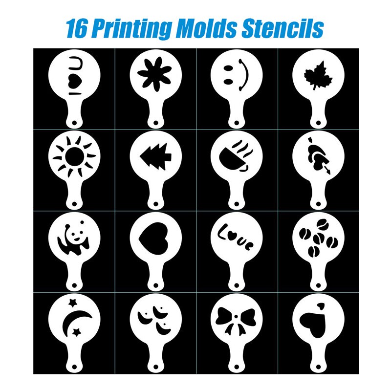 Molde de capuchino, plantilla para decorar café, plantillas de espuma en aerosol para pastel, azúcar en polvo, Chocolate, cacao, café, montaje de impresión D40: 16 Molds Stencils