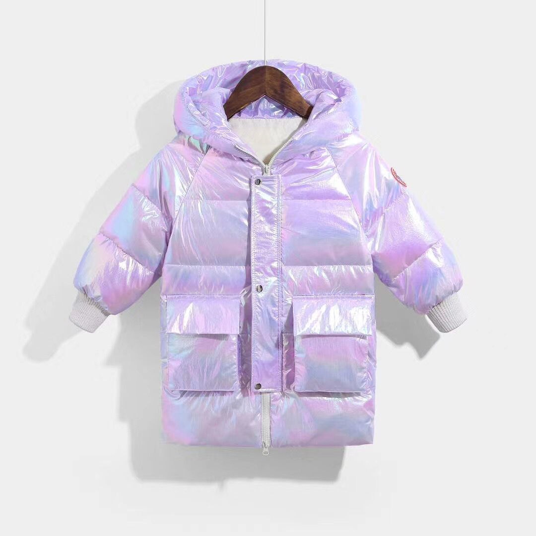 Doudoune mi-longue arc-en-ciel colorée en duvet de canard blanc pour enfant, parka à capuche pour bébé, manteau d'hiver pour petite fille: Violet / 120