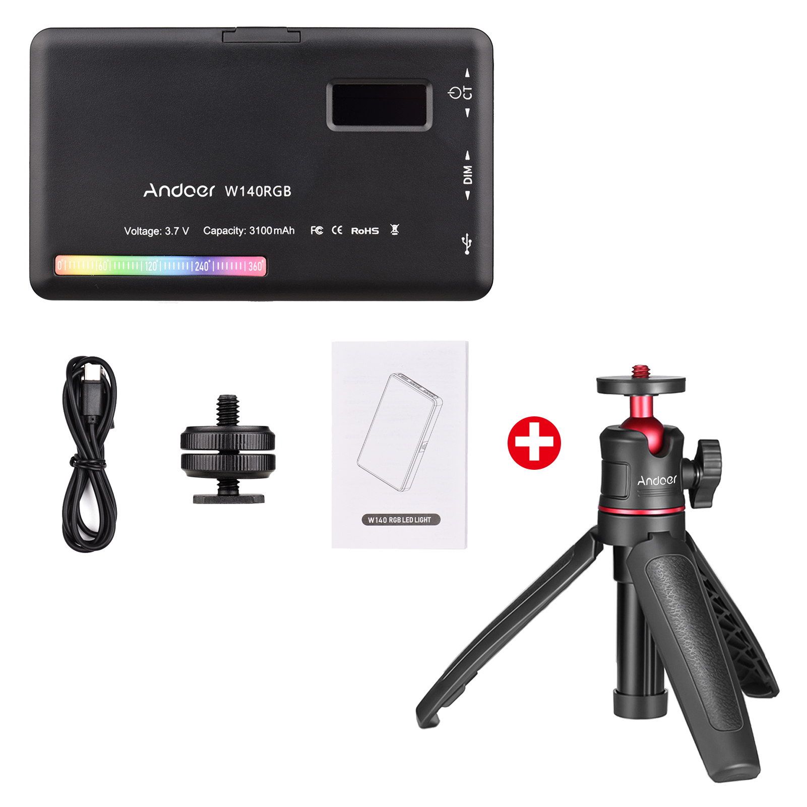 Andoer W140 RGB LED Video Light Rechargeable Photography Fill Light CRI95+ 2500K-9000K 20 Lighting Effects for Video Shooting: W140RGB and MT-08