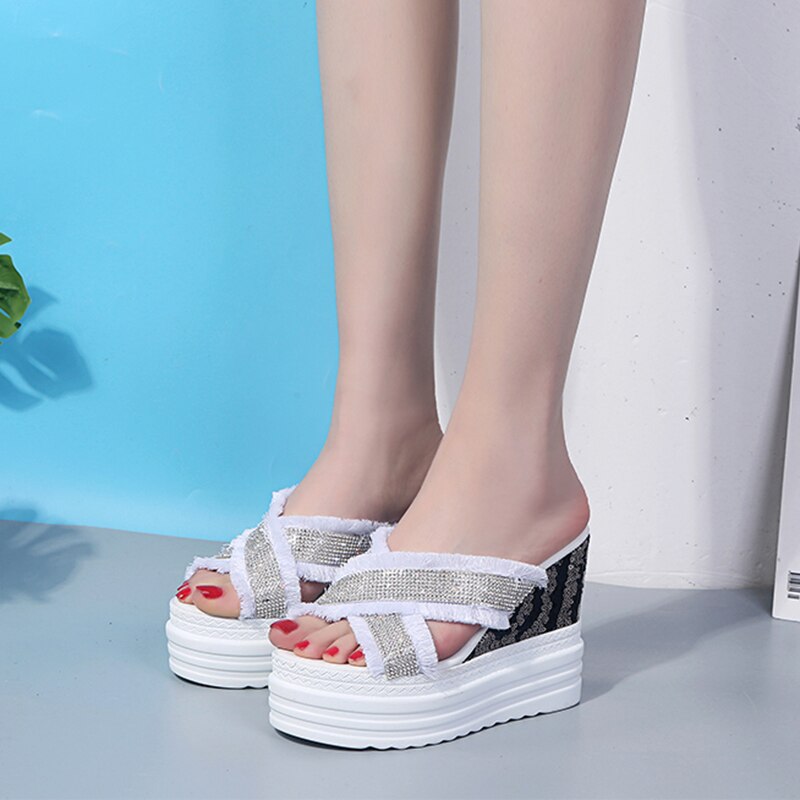 Rimocy Women Wedges Sandals Platform with Crystal Ripped Cross Strap Slippers Summer Super High Heels Slides Shoes Woman