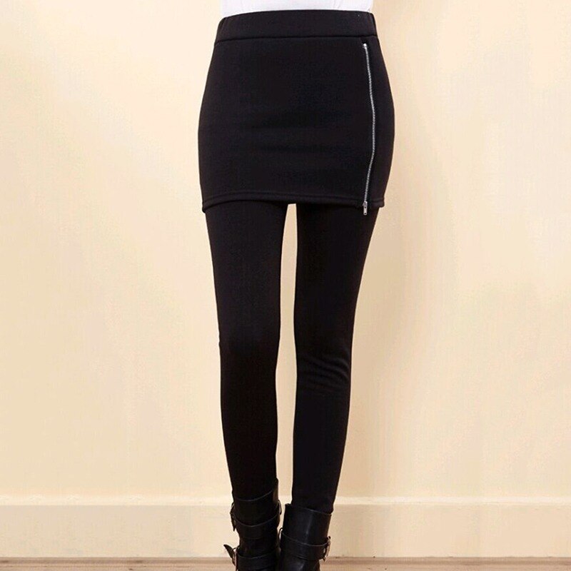 Las mujeres de arranque en de lana Legging falda tobillo-Leggins de longitud pantalón polainas femeninas con falda pantalón de otoño invierno: black zip