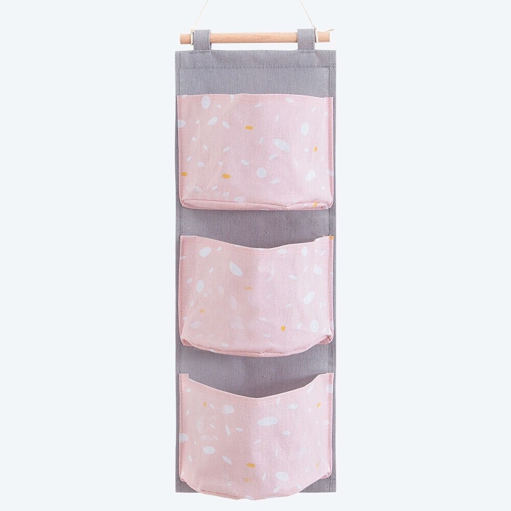 Cotton Linen 3 Pockets Hanging Storage Bag Door Back Wall Bedside Cabinet Grocery Hanging Organizers : QE2603 (1pc)