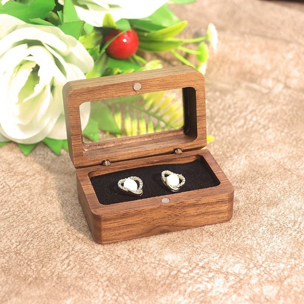 Caja de anillo de madera con doble ranura, ventana de apertura Rectangular, caja de gemelos de nogal negro, exquisito soporte para anillo de joyería a prueba de polvo