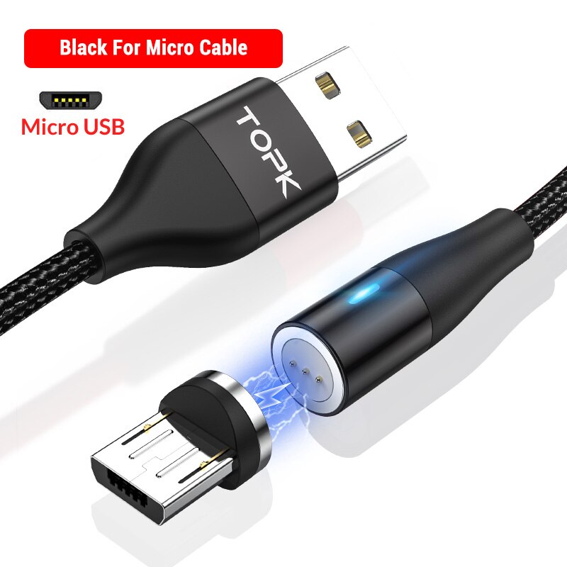 Topk AM60 3A Snel Opladen Led Magnetische Micro Usb Type C Kabel Voor Iphone Xs Max 8 7 6 Telefoon kabels: Micro Cable Black