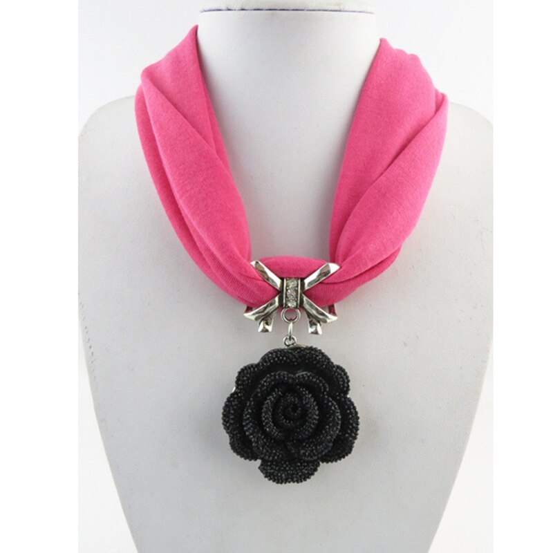 Classic Black Rose Flower Pendant Tassel Scarf Necklace Soft Cotton Neck Wrap Party Short Polyester Scarf Women