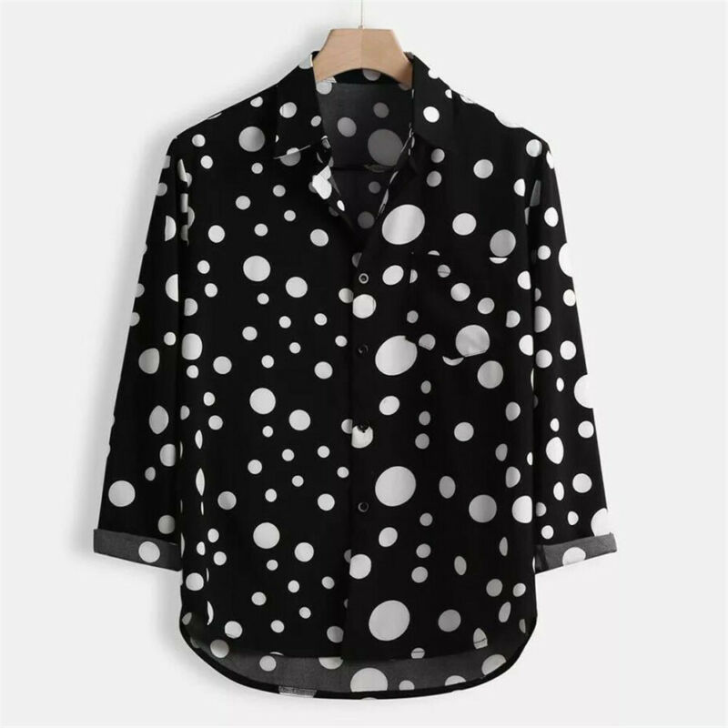 Men´s Black Long Sleeve Shirts Casual Button Down Shirts Tops Polka Dot Printed Handsome Blouse