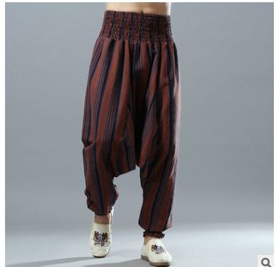 Pantalones bombachos de cintura elástica a rayas para hombre, pantalones de tiro caído fluidos de otoño, pantalones Harem de lino y algodón sueltos tradicionales para hombre, India 092303: 3 / XL