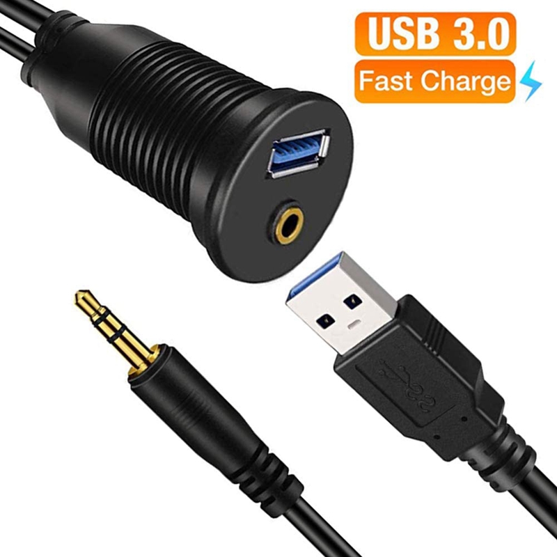Usb Auto Mount Kabel 3.5Mm + USB3.0 Aux Extension Dash Panel Waterdicht Mount Kabel Voor Auto Boot En Motorfiets-3Ft