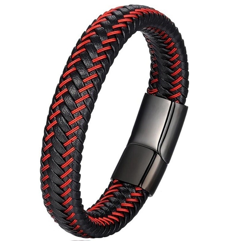 Mannen Sieraden Rode Gevlochten Lederen Touw Armband Zwarte Magnetische Gesp Armbanden Voor Mannen
