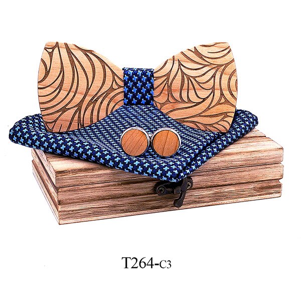 Men Wooden bow tie set Handkerchief Cufflinks wood bowtie wedding tie corbata Wooden Ties Gravata set gentlemen wear: T264-C3