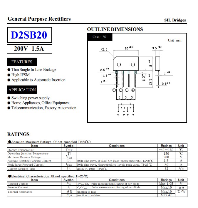 1.5A/2A D2SB05 D2SB10 D2SB20 D2SB40 D2SB60 D2SB80 50V 100V 200V 400V 600V 800V Bridge rectifier bridge stack SIP-4