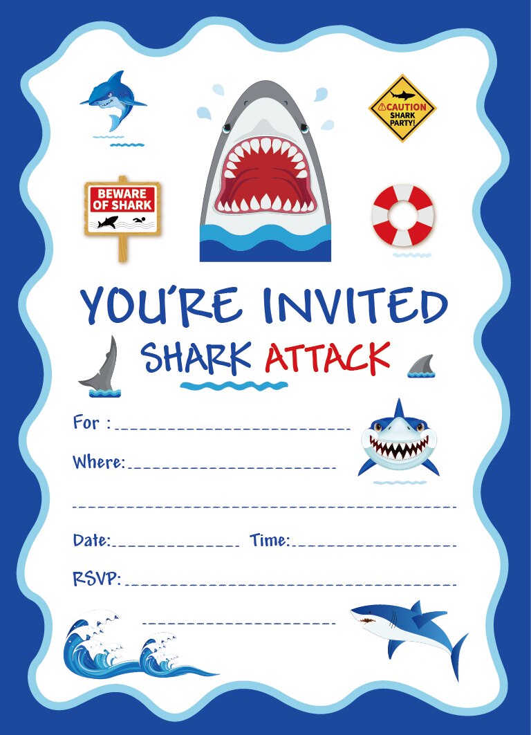 Cartoon Shark Birthday Party Invitations Cards Blue Sea Theme Invitation Kids Happy Birthday Party Favor Decorations ZZ008