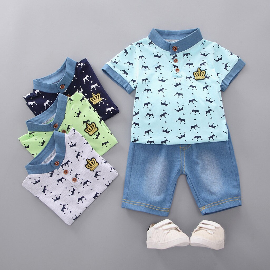 Peuter Baby Boy Zomer Shirt Kleding Pak Dinosaur Print Shirt Denim Shorts Kinderen Baby Jongens Kleding 20Jan