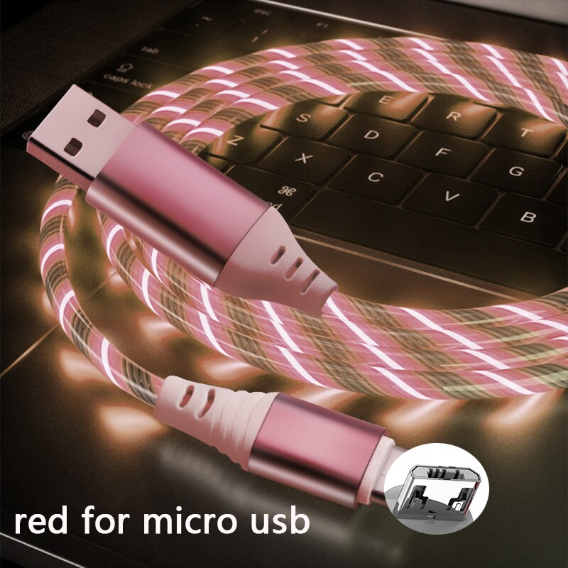 1m usb phone charging cable flowing light charging cord led wire for micro usb type c Illuminated Fast charger: RED  for micro usb