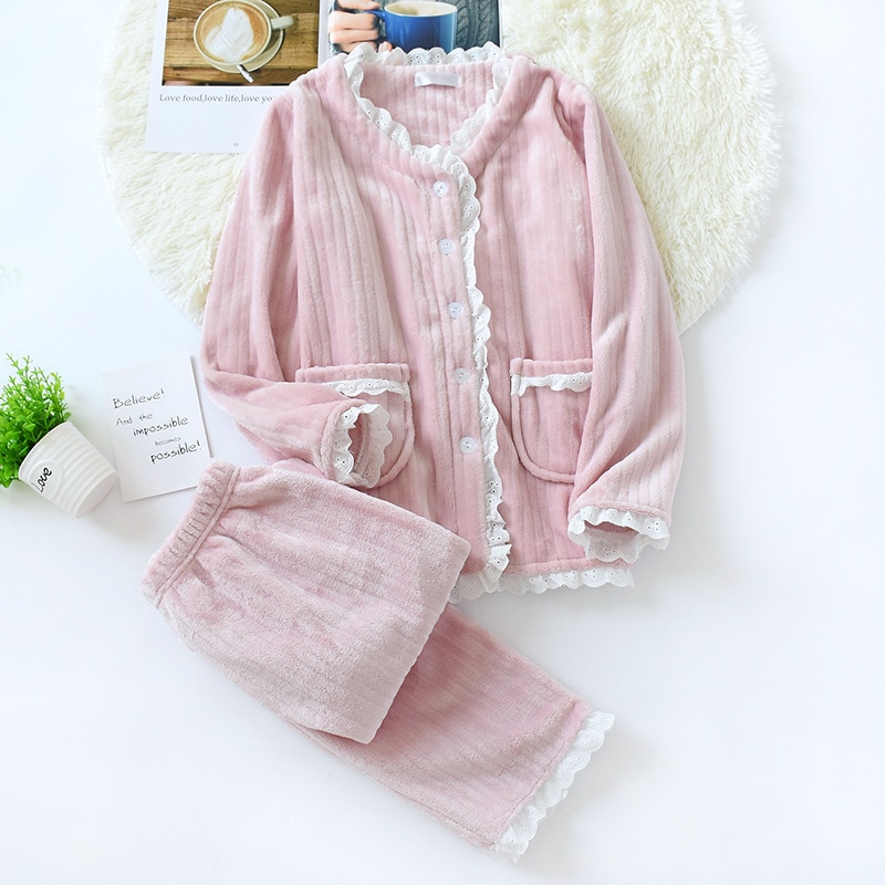 Julis sang varm flannel pyjamas sæt kvinder vinter efterår pyjamas blonder pink nattøj tykt blødt hjemmetøj til damer